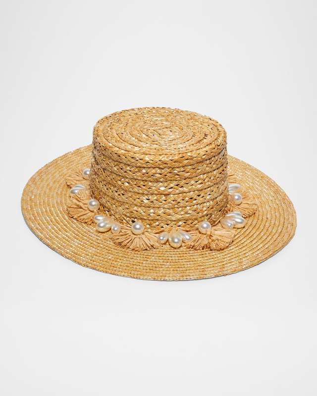 Faux-Pearl Pom Straw Hat